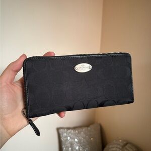 Coach Black Signature Zip Wallet with Silver Plaque
